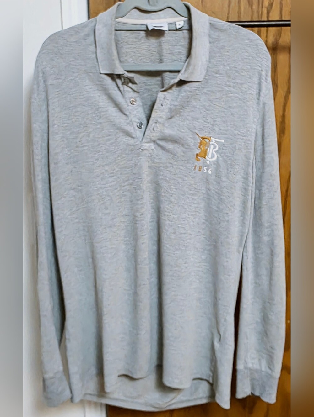 Burberry Men's XL Light Gray Long-Sleeve Polo Shirt with Logo Mashup.TB & Knight